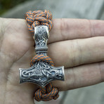 Paracord Bracelet + Big Sterling Silver Thor's Hammer // Beige (6"L)