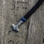 Viking Bracelet + Silver Mjolnir // Blue + Black (6"L)