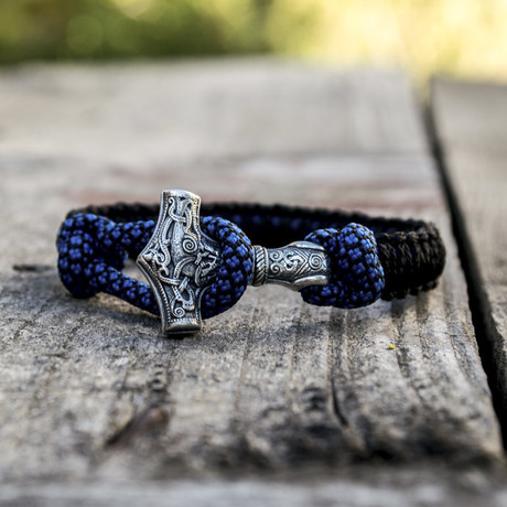 Viking Bracelet + Silver Mjolnir // Blue + Black (6"L)