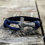 Viking Bracelet + Silver Mjolnir // Blue + Black (6"L)