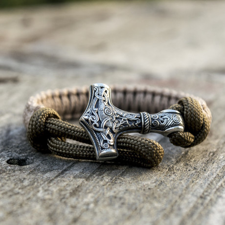 Viking Bracelet + Silver Mjolnir // Coyote + Olive (6"L)