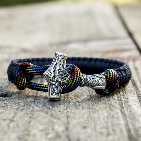 Viking Bracelet + Silver Mjolnir // Blue + Colored (6"L)