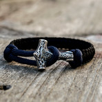 Viking Bracelet + Silver Mjolnir // Dark Blue + Black (6"L)