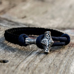 Viking Bracelet + Silver Mjolnir // Dark Blue + Black (6"L)