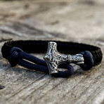 Viking Bracelet + Silver Mjolnir // Dark Blue + Black (6"L)