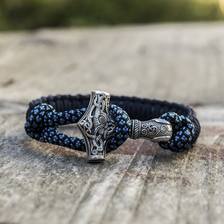 Viking Bracelet + Silver Mjolnir // Dark Blue + Blue (6"L)