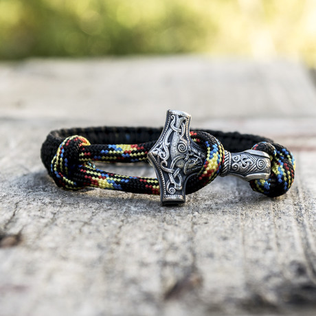 Viking Bracelet + Silver Mjolnir // Black + Colored (6"L)