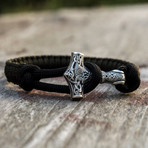 Viking Bracelet + Silver Mjolnir // Olive + Black (6"L)