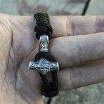 Viking Bracelet + Silver Mjolnir // Olive + Black (6"L)