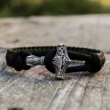 Viking Bracelet + Silver Mjolnir // Olive + Black (6"L)