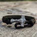 Viking Bracelet + Silver Mjolnir // Olive + Black (6"L)