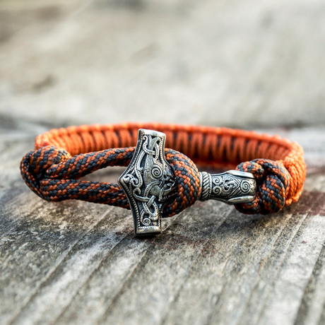 Viking Bracelet + Silver Mjolnir // Orange (6"L)