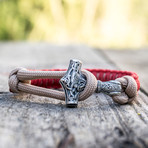 Viking Bracelet + Silver Mjolnir // Red + Beige (6"L)