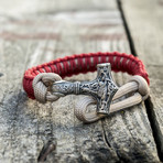 Viking Bracelet + Silver Mjolnir // Red + Beige (6"L)