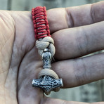 Viking Bracelet + Silver Mjolnir // Red + Beige (6"L)