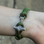 Viking Bracelet + Silver Mjolnir // Green (6"L)