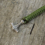 Viking Bracelet + Silver Mjolnir // Green (6"L)