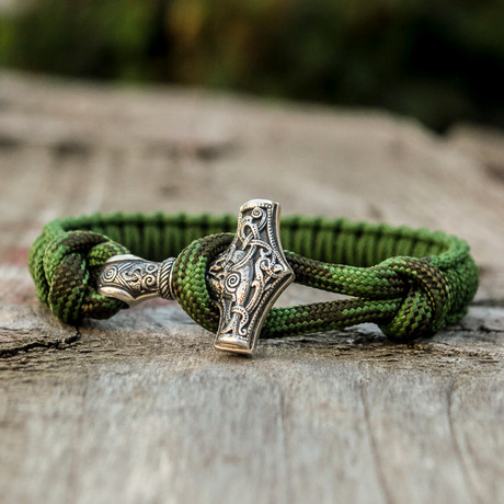 Viking Bracelet + Silver Mjolnir // Green (6"L)