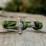 Viking Bracelet + Silver Mjolnir // Green (6"L)