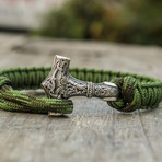 Viking Bracelet + Silver Mjolnir // Green (6"L)