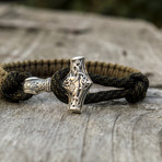 Viking Bracelet + Silver Mjolnir // Olive + Coyote (6"L)