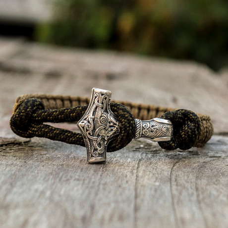 Viking Bracelet + Silver Mjolnir // Olive + Coyote (6"L)