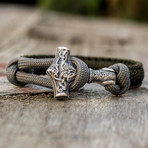Viking Bracelet + Silver Mjolnir // Olive + Gray (6"L)