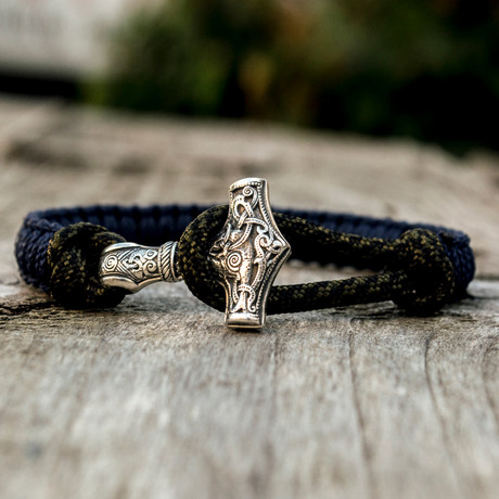 Viking Bracelet + Silver Mjolnir // Olive + Purple (6"L)