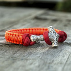 Viking Bracelet + Silver Mjolnir // Pink + Red (6"L)