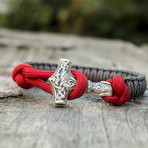 Viking Bracelet + Silver Mjolnir // Red + Gray (6"L)