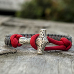 Viking Bracelet + Silver Mjolnir // Red + Gray (6"L)