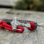 Viking Bracelet + Silver Mjolnir // Red + Gray (6"L)