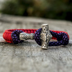 Viking Bracelet + Silver Mjolnir // Red + Purple (6"L)