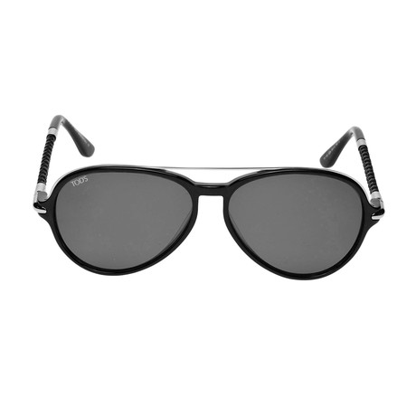 Tod's // Men's Modern Polarized Aviator Sunglasses // Shiny Black + Smoke Polarized