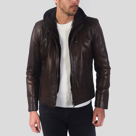 Hooded Leather Jacket // Dark Brown (2XL)