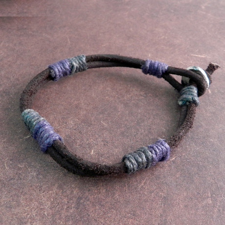 Twine-Wrapped Leather Bracelet Set // Set of 3 // Blue