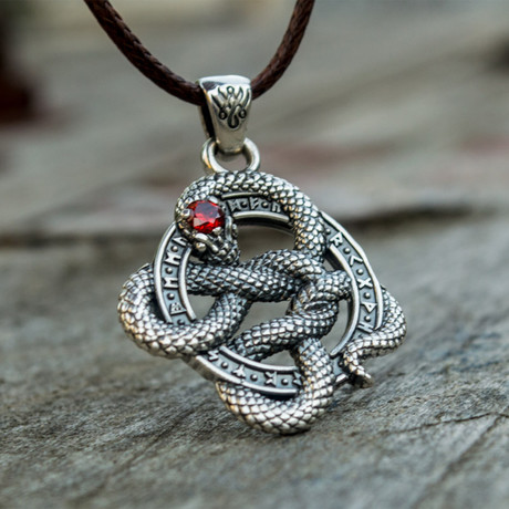 Snake + Runes Pendant // Silver + Red