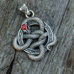 Snake + Runes Pendant // Silver + Red
