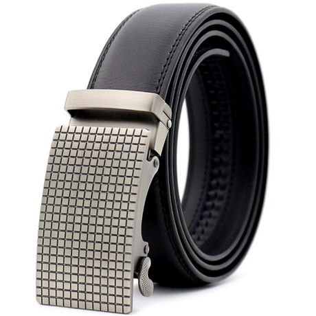 Leather Belt //  Black Belt + Silver Checkered Buckle // Model AEBL140