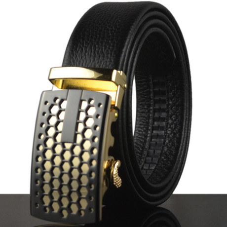 Leather Belt //  Black Belt + Black and Gold Buckle // Model AEBL152