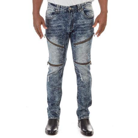 Pintuck Moto Denim Jeans // Medium Blue (30WX30L)