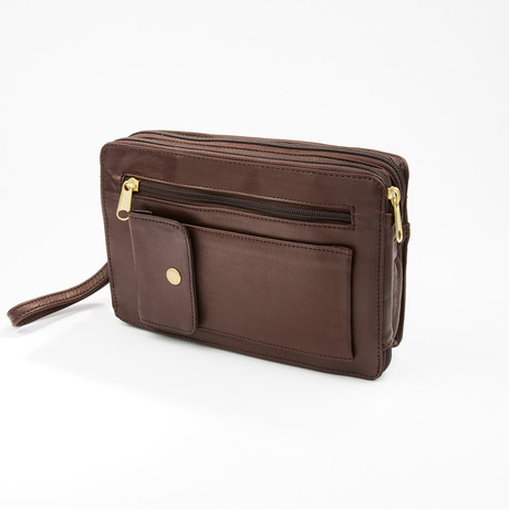 Premium Leather U-Zip Travel Bag + Wrist Handle // Burgundy + Gold Detail