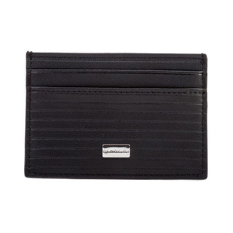 Stamped Stripe Leather Credit Card Wallet // Black