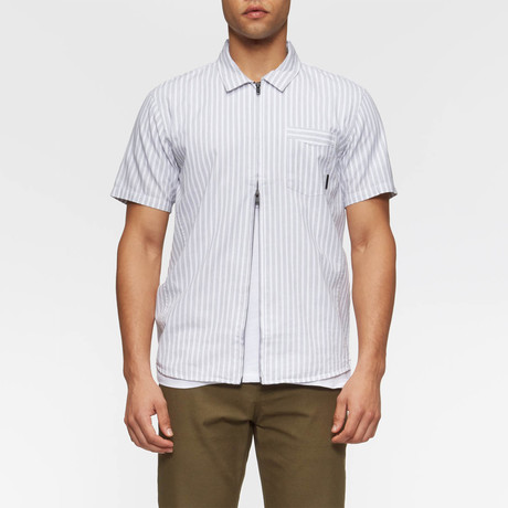 Rollins Short Sleeve Zip Front Shirt // Black + White Stripe (S)