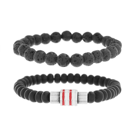 Enamel Rondelle Beaded Stretch Bracelet // White + Red // Set of 2