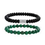 Cylindrical Bar Beaded Stretch Duo Bracelet Set // Black + Green