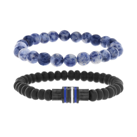 IP Lapis Beaded Stretch Duo Bracelet Set // Black + Blue + White