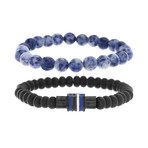 IP Lapis Beaded Stretch Duo Bracelet Set // Black + Blue + White
