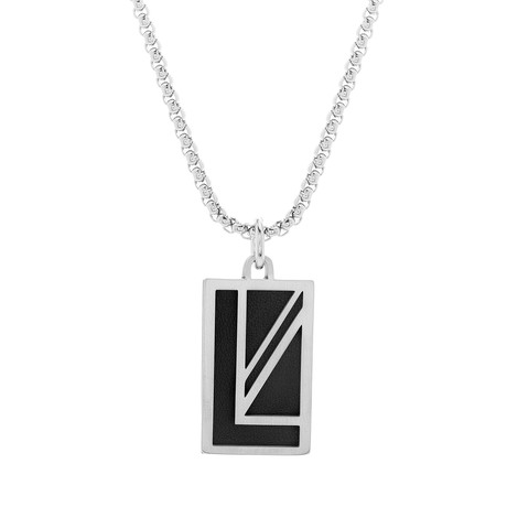 Geometric Rectangle Design Pendant W/ Leather Box Chain Necklace in Stainless Steel // Silver Tone