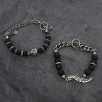 Skull + Dagger Beaded Bracelet Set // Silver Ox + Onyx